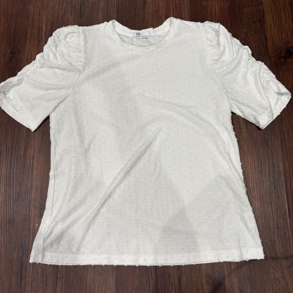 Coquette Minimalist White Swiss Dot Puff Short Sleeve Blouse Top Crew Neck Small